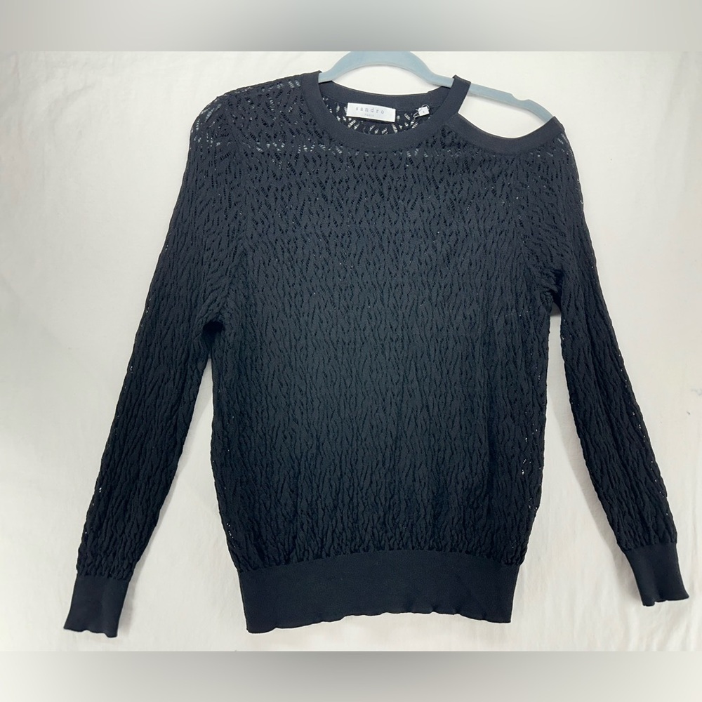 Sandro Open Knit Black Sweater Long Sleeve Cold Shoulder Size 1 Small - Picture 2 of 8